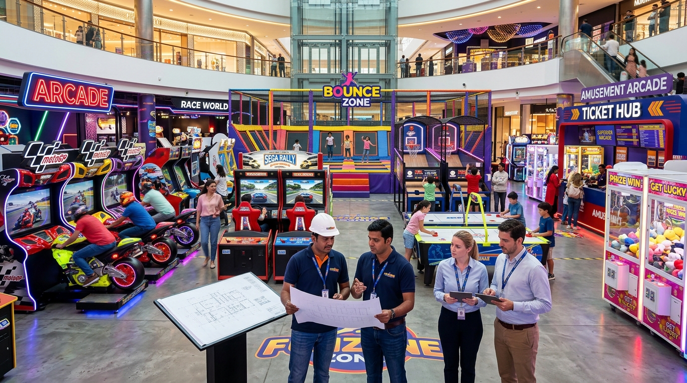 4K Combination of commercial arcade zone installation and engineering team with blueprints