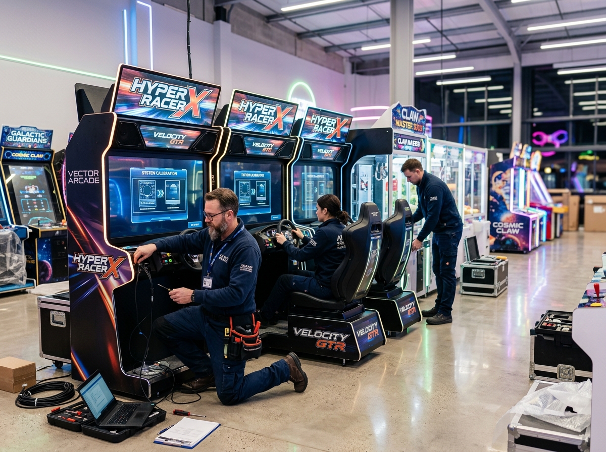 Commercial arcade equipment setup, configuration and technical inspection in progress