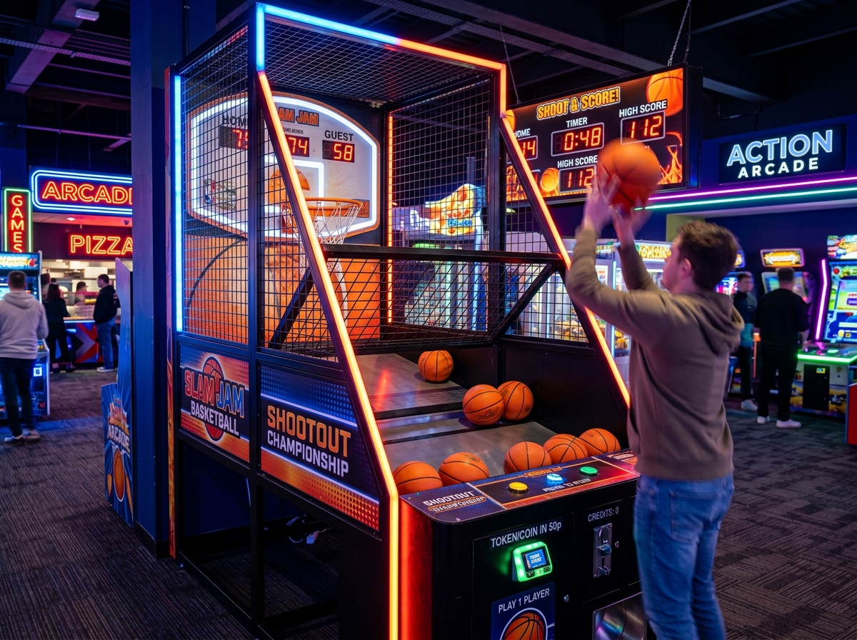 Commercial basketball arcade shooting machine with ball return and electronic score display