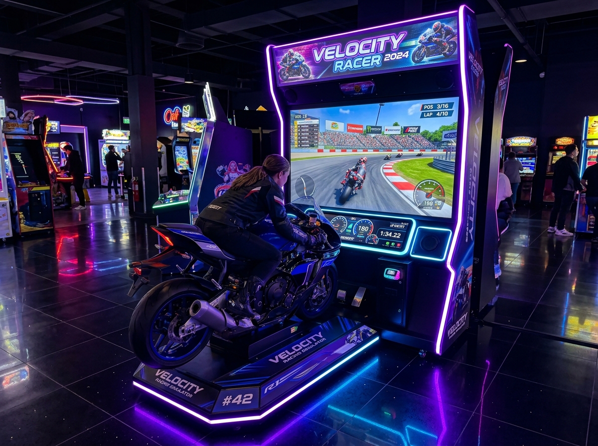 Commercial motorcycle racing simulator arcade machine with handles and large display