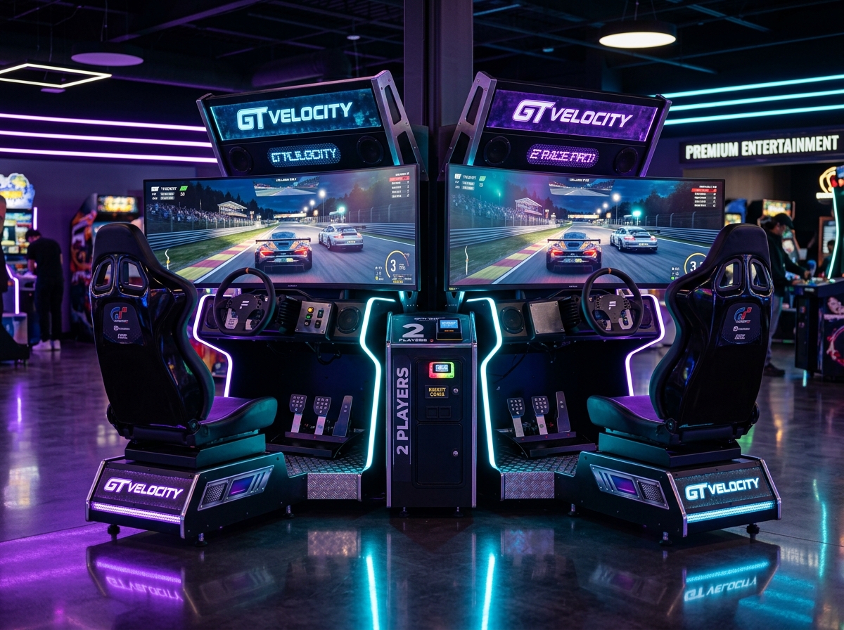Commercial car racing arcade simulator with racing seat, steering wheel and pedals