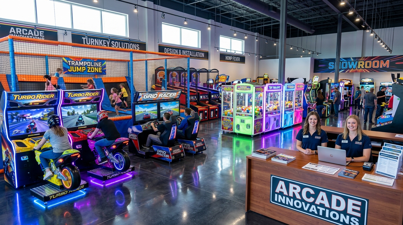 4K Commercial arcade experience center and showroom with combination of game setups and consultation desk
