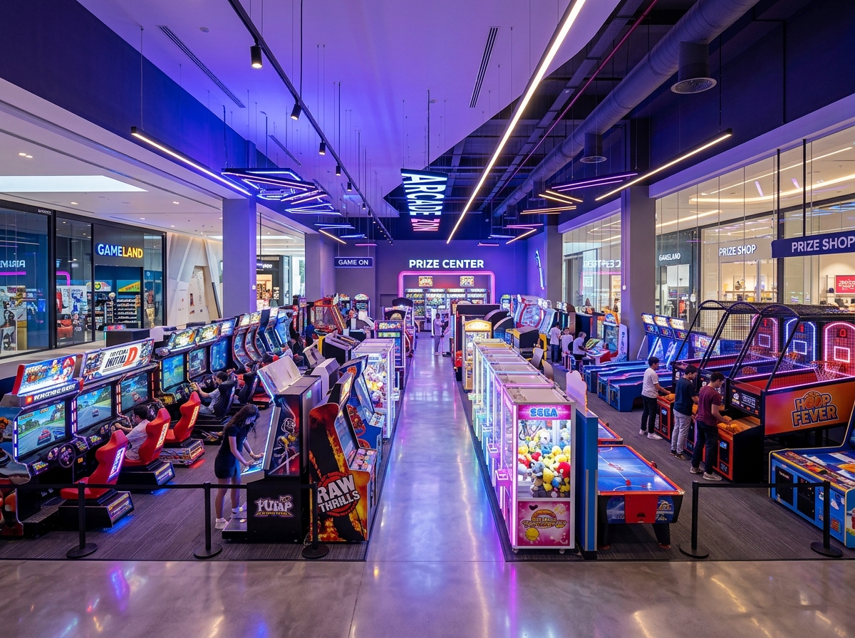 Wide angle view of indoor arcade game zone with commercial gaming machines