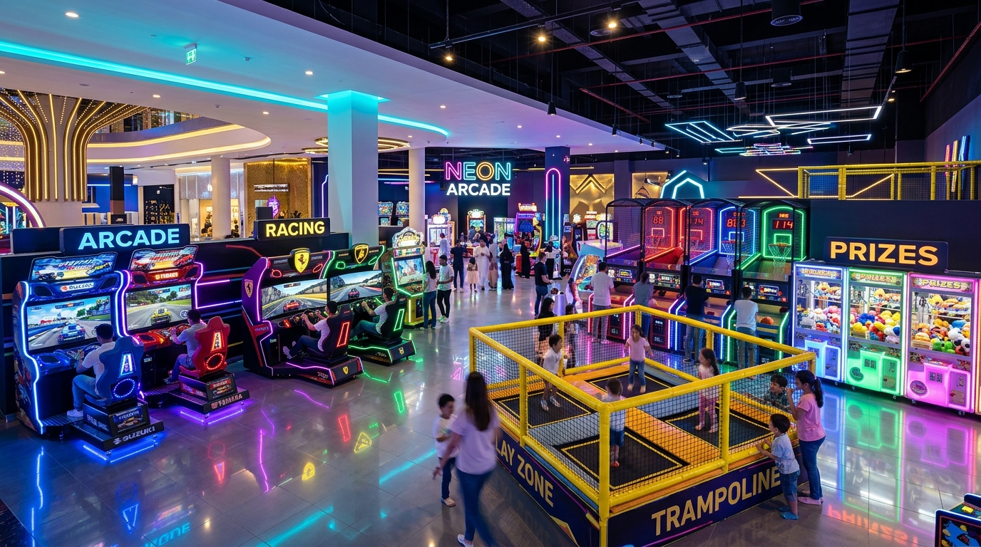 4K Combination of commercial arcade game setups: motorcycle racing, car simulators, jumping trampoline play zone, and basketball games