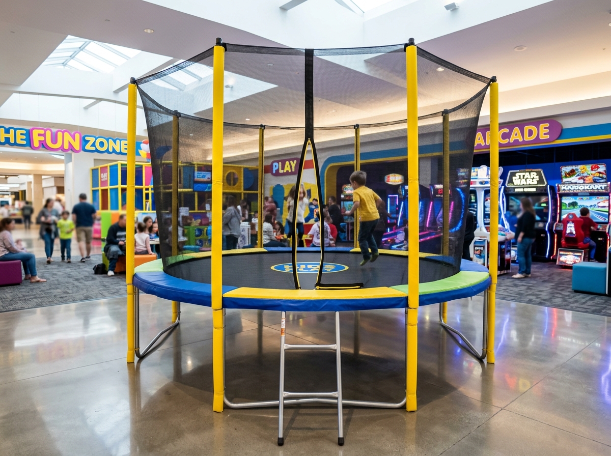 Commercial amusement jumping trampoline with safety net enclosure installed in shopping mall play zone