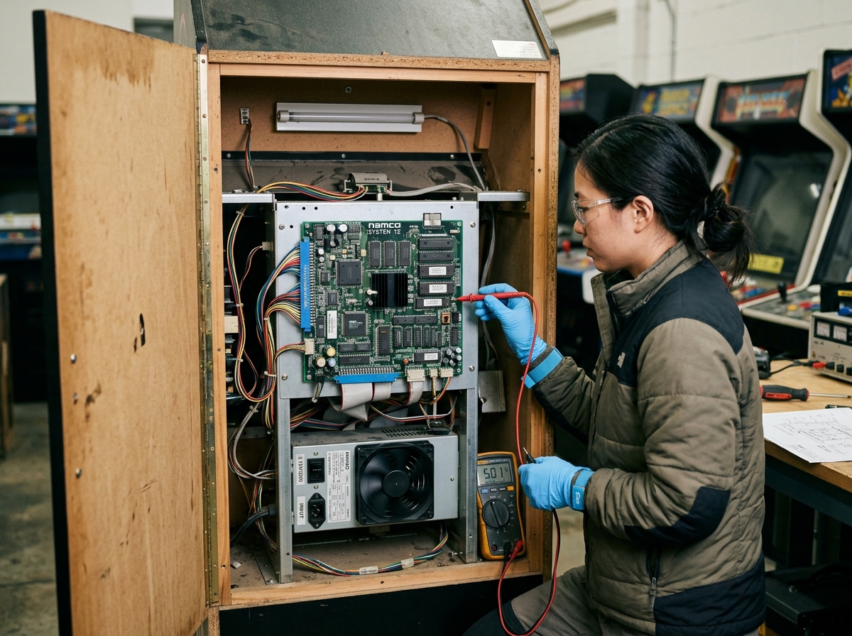 Technician inspecting an open arcade machine cabinet with visible electronic components