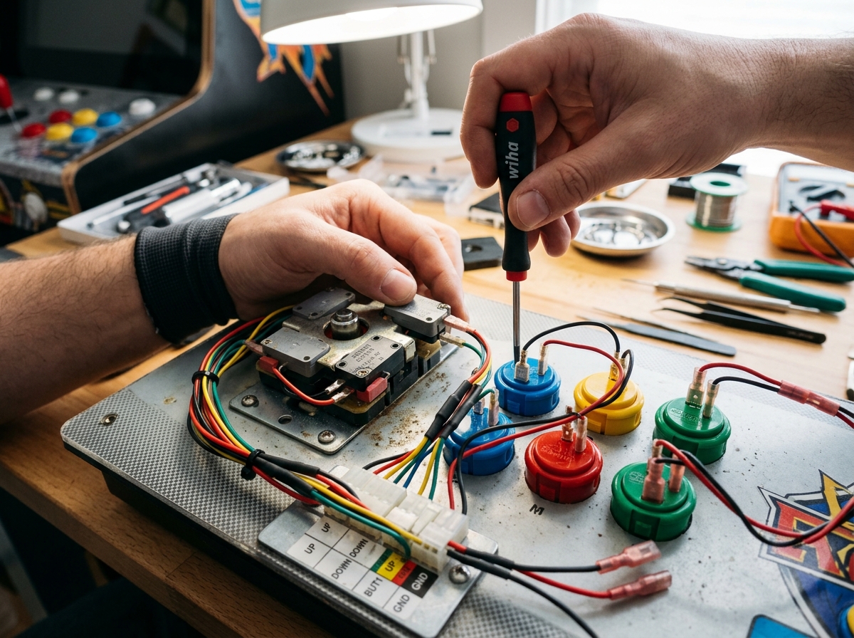 Close-up of technician checking arcade controls, buttons and joystick mechanisms