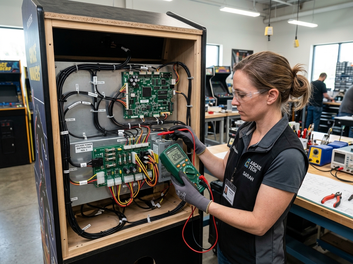 Technician inspecting internal arcade machine wiring and electronic components using diagnostic tool