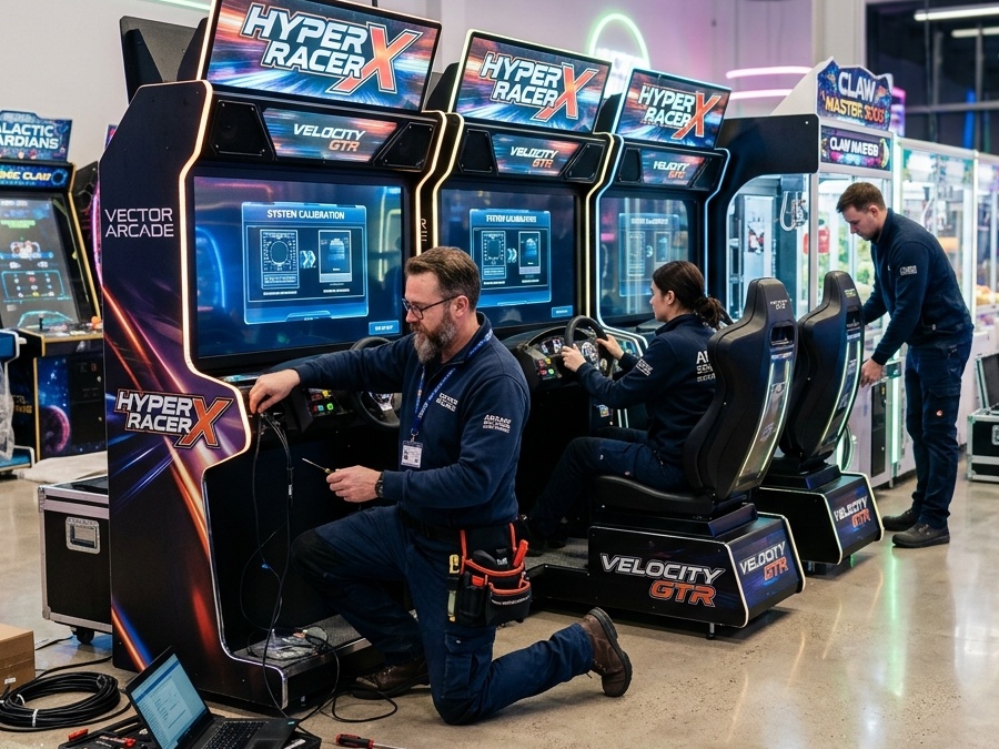 Technician inspecting and servicing a commercial arcade game machine in a professional workspace