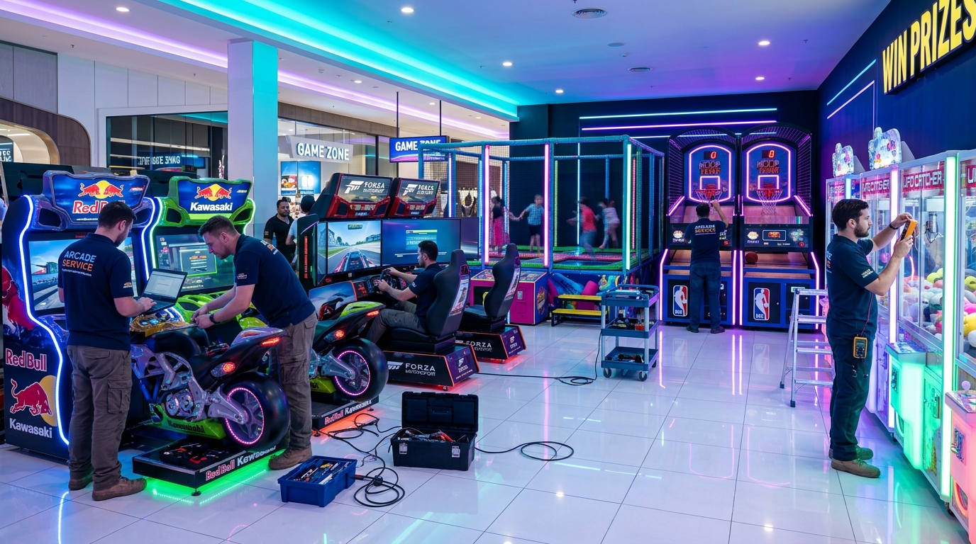 4K Combination of commercial arcade setup and machine maintenance by technicians