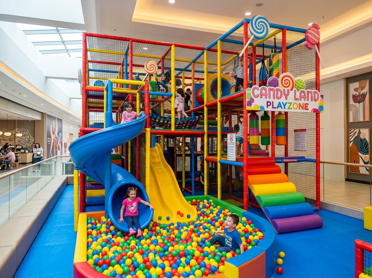 Commercial indoor kids soft play playground and adventure zone with ball pit, slides, rainbow foam steps, and safety netting