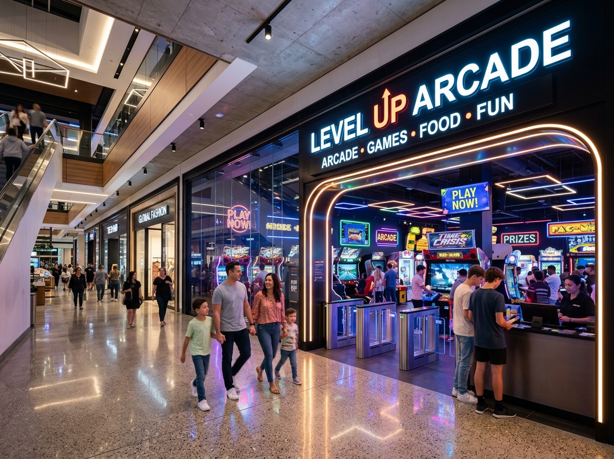 Commercial arcade attraction setup inside a modern shopping mall